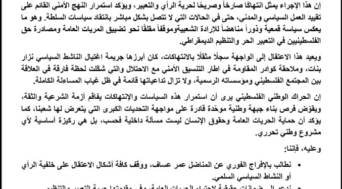بيان سياسي صادر عن الحراك الوطني الفلسطيني