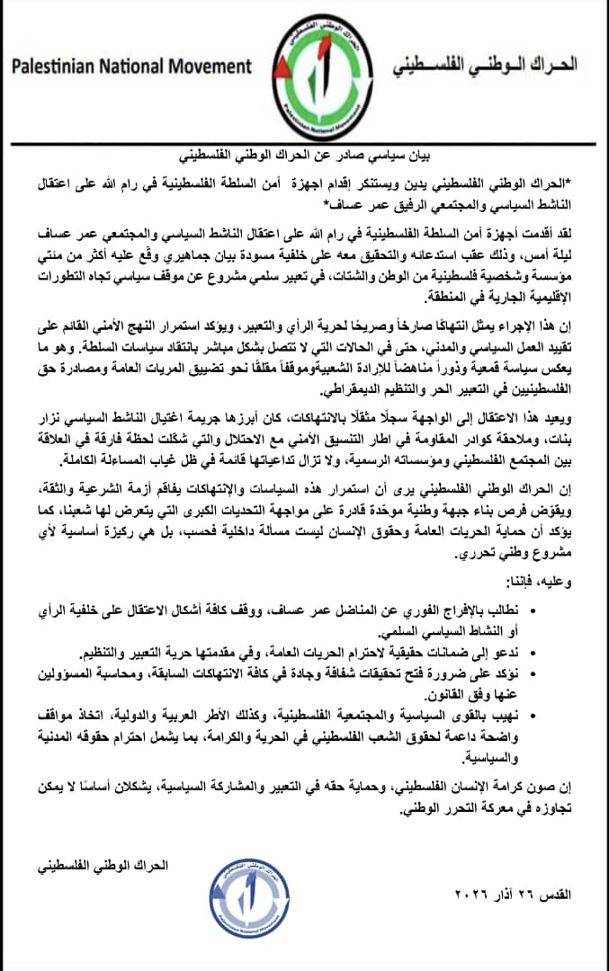 بيان سياسي صادر عن الحراك الوطني الفلسطيني